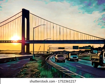 Verrazano Bridge Seen At Sunset.