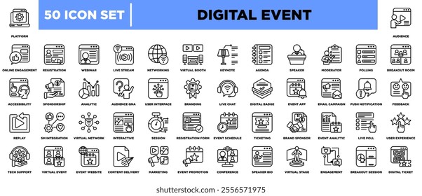 A versatile Digital Event icon set featuring elements like live streams, webinars, virtual booths, and interactive tools. Perfect for modern event branding, promotion, and seamless online experiences. - Powered by Shutterstock