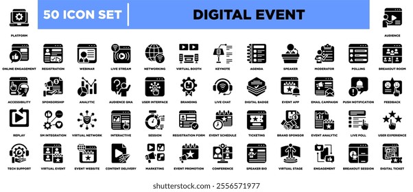 A versatile Digital Event icon set featuring elements like live streams, webinars, virtual booths, and interactive tools. Perfect for modern event branding, promotion, and seamless online experiences. - Powered by Shutterstock