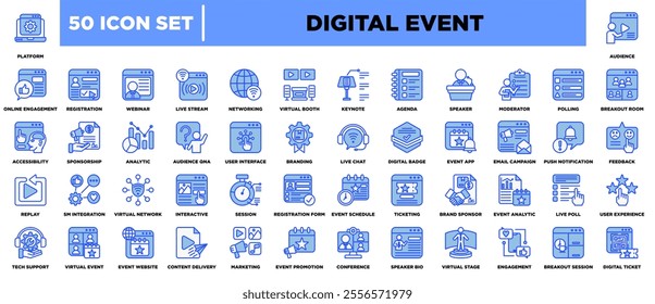 A versatile Digital Event icon set featuring elements like live streams, webinars, virtual booths, and interactive tools. Perfect for modern event branding, promotion, and seamless online experiences. - Powered by Shutterstock