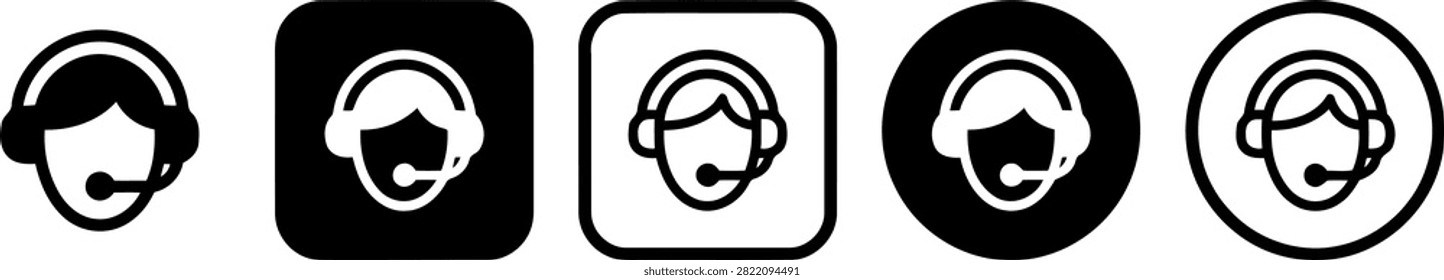 A versatile vector icon set illustrating a customer service representative wearing a headset with a microphone. Includes 5 distinct layout styles (standalone glyph, filled rounded square badge, outlined rounded square badge, filled circle badge, and outlined circle badge) rendered in crisp black and white. Designed for contact us web pages, customer support portals, helpdesk platforms, call center marketing, hotline service graphics, and virtual assistant app interfaces.