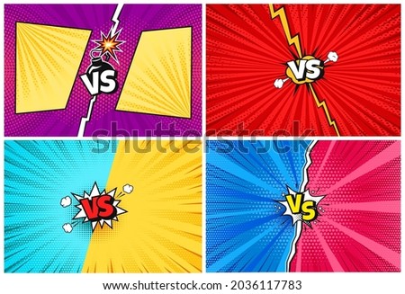 Versus. Cartoon comic vs challenge backgrounds with lightning, halftone texture. Comics pop art style fight or competition background  set. Superhero battle intro for game, book
