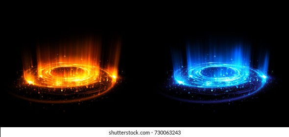 Versus round blue and red glow rays night scene. Light effect podium. Disco club dance floor. Beam stage. Magic fantasy portal. Futuristic teleport. 