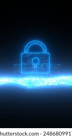 Vertical 3D illustration with a security lock between the waves of bytes. 