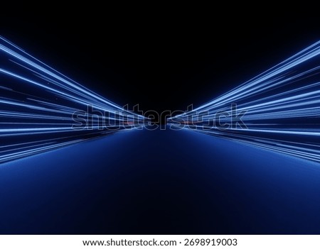 vertical 3D render depicting a high-speed journey down a dark, reflective road lined with converging blue neon light trails. Represents digital data flow, cyberpunk aesthetic, and rapid advancement.