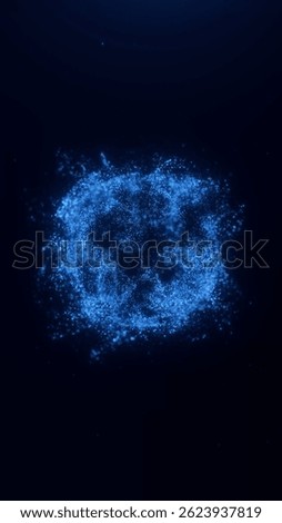 A vertical abstract animation showing a dynamic explosion of glowing blue particles forming a spherical shape against a deep dark background. Perfect for futuristic, sci-fi or tech themes.