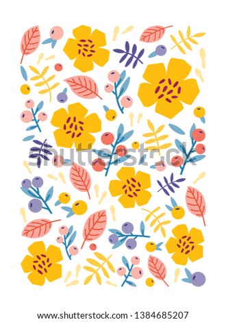 Vertical backdrop, card or poster template decorated with beautiful summer flowers, berries, leaves and sprigs on white background. Bright colored cartoon illustration in flat style