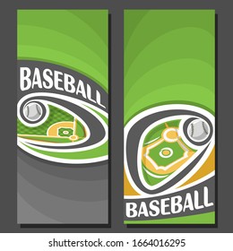 Vertical Banners For Baseball: 2 Layouts For Title On Baseball Theme, Ball Flying On Curve Trajectory Above Diamond Base On Green Background.