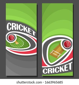 Vertical Banners For Cricket Game: 2 Layouts For Title On Cricket Theme, Red Ball Flying On Curve Above Pitch On Green Background.