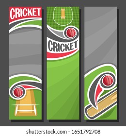 Vertical Banners For Cricket Game: 3 Cartoon Layouts For Text On Cricket Theme, Bat Hitting Of Red Ball Above Checkered Field With Pitch On Grey Background.