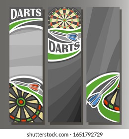 Vertical banners for Darts board: 3 cartoon templates for text on dart Dartboard theme, arrow throwing in target on grey background.