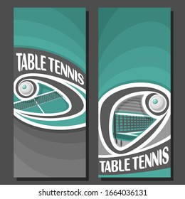 Vertical Banners For Table Tennis: 2 Layouts For Text On Table Tennis Theme, Ping Pong Ball Flying Above Net On Black Background.