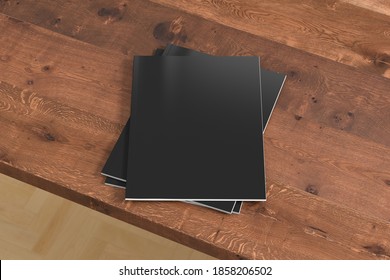 Vertical Black Magazine Or Brochure Stack Mockup On Wooden Table. 3d Illustration