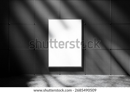 Vertical blank poster frame on black tile wall with block flooring, modern background. Advertising concept or design mockup. 3D rendering
