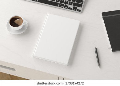 Vertical Book Cover Mock Up. Workspace On White Wooden Desk With Cup Of Coffee. Side View. 3d Render