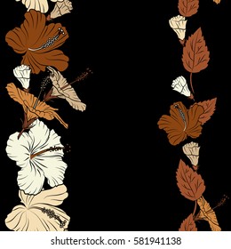 Vertical. Bright hawaiian design with copy space (place for your text) and tropical plants (brown, beige and orange hibiscus flowers).