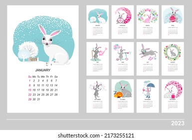 Vertical Calendar 2023 Funny Bunny Cute Stock Illustration 2173255121