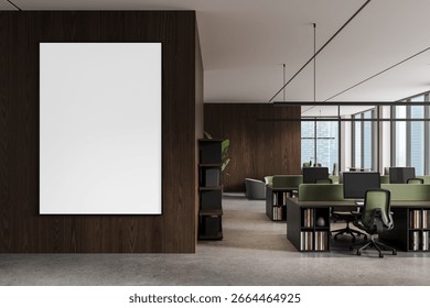 Vertical empty poster on dark wood wall in modern open office interior, clean design layout for presentation or template concept. 3D Rendering