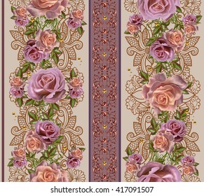 Vertical Floral Border. Pattern, Seamless. Old Style. Garland Of Pink And Orange Roses, Gold Border, Gold Mosaic.