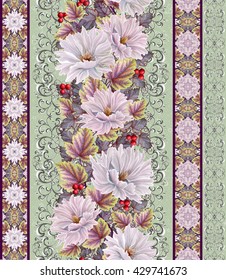 Vertical floral border. Pattern, seamless. Old style,  gold border, gold mosaic. Flower garland of white and pink dahlia.