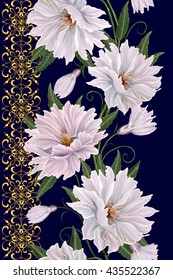 Vertical floral border. Pattern, seamless. Old style,gold mosaic. Flower garland of white and pink dahlia.