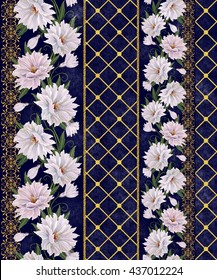 Vertical floral border. Pattern, seamless. Old style,  gold mosaic. Flower garland of white and pink dahlia.