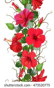 Vertical Floral Border. Pattern, Seamless. Flower Garland, Weaving Of Thin Branches, Red Tropical Hibiscus Flowers. Isolated On White Background.