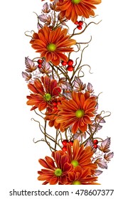 Vertical Floral Border. Pattern, Seamless. Flower Garlands Of Red And Orange Chrysanthemums. Autumn Background. Isolated On White Background.