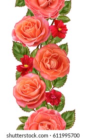 Vertical Floral Border. Seamless Pattern. Garland Of Beautiful Bright Orange Roses. Isolated On White Background.