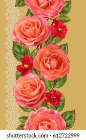 Vertical Floral Border. Seamless Pattern. Garland Of Beautiful Bright Orange Roses. Background Of Colored Tiles, Mosaic.