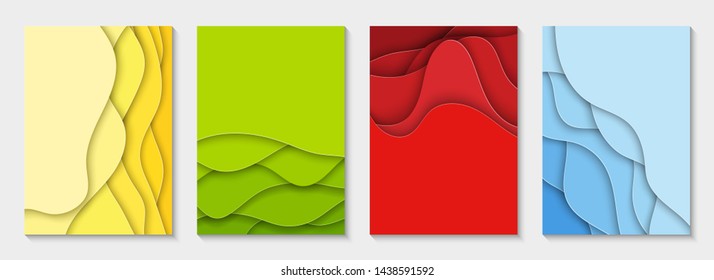 Vertical flyers with colorful paper cut waves shapes. 3D abstract paper style, design layout for business presentations, flyers, posters, prints, decoration, cards, brochure cover, banners.