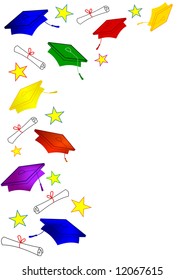 Vertical frame illustration of colorful graduation caps and diplomas with stars on white background.