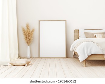Vertical frame mockup standing on floor in boho bedroom interior with wooden bed, beige blanket, cushion with tassels, dried pampas grass on white wall background. 3d rendering, 3d illustration
