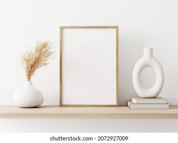 Vertical frame mockup in warm neutral minimalist interior with dried pampas grass, trendy vase and books on wooden beige brown shelf on empty white wall  background. Illustration, 3d rendering