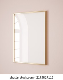 Vertical Golden Frame Mockup Close Up On Wall Painted Pastel Pink Color, 3d Render