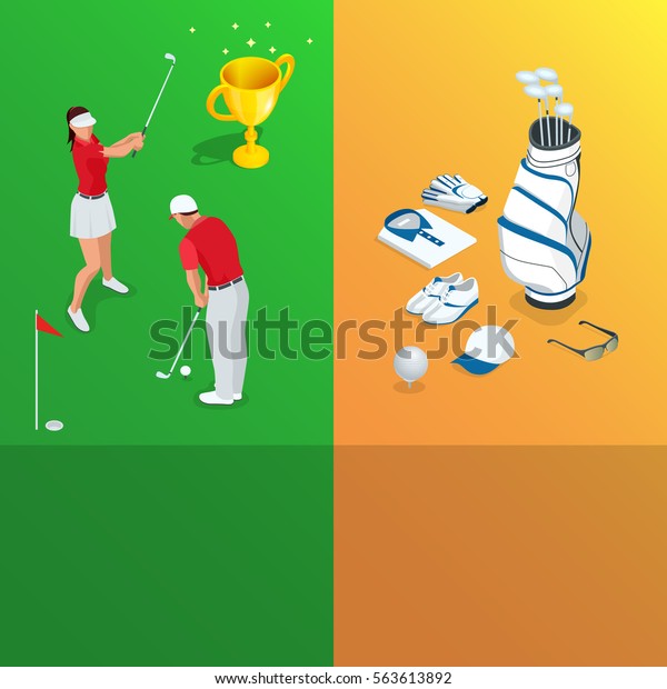 Vertical Golf Club banners with\
golf car course hole, championship and apparel flat\
illustration