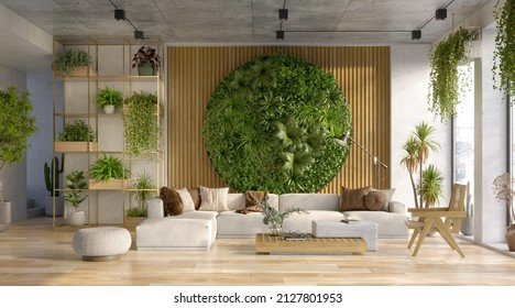 Vertical Green Wall in a living room interior, 3d render 