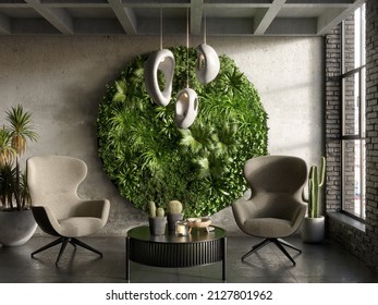 Vertical Green Wall In A Living Room Interior, 3d Render 