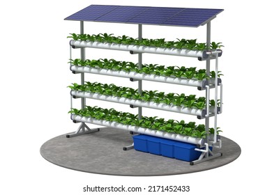 Vertical Hydroponics Farm With Solar Panels. Hydroponic System For Growing Plants And Vegetables In A Nutrient Solution. 3d Illustration