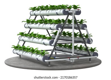 Vertical Hydroponics Greenhouse. A-Type Hydroponic System For Growing Plants And Vegetables In A Nutrient Solution. 3d Illustration