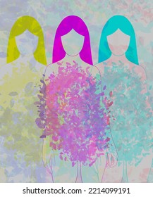 Vertical Illustration. Three Translucent Girls Without A Face, In Three Colors, Yellow, Pink And Blue, They Have Clothes Made Of Leaves, Bright And Colorful, On A Gentle Background