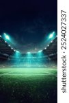 Vertical image. 3D render of brightly lit American football stadium with packed crowd of fans, illuminated by bright blue lights. Concept of sport, tournament, championship, game, event