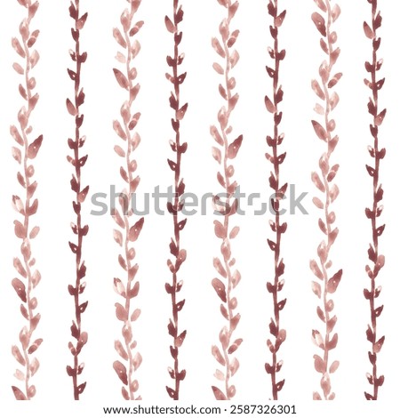 Vertical leaves branches repeat pattern. Botanical digital print hand drawn with watercolor. Not AI. Mocha mousse seamless tile. Elegant floral background for textile, fabric, clothing