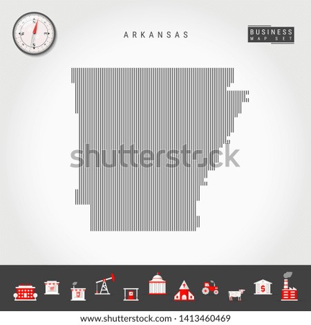 Vertical Lines Pattern Map of Arkansas. Striped Simple Silhouette of Arkansas. Realistic Compass. Business Infographic Icons.