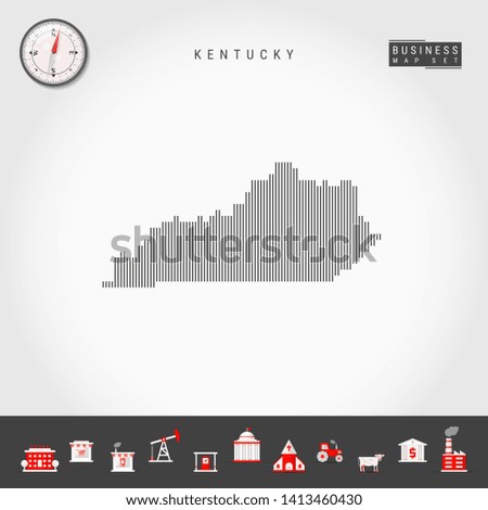Vertical Lines Pattern Map of Kentucky. Striped Simple Silhouette of Kentucky. Realistic Compass. Business Infographic Icons.