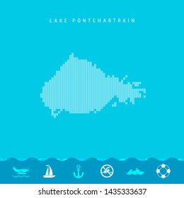 Vertical Lines Pattern Map of Lake Pontchartrain, One of the Lakes of North America. Striped Simple Silhouette of Lake Pontchartrain. Lifeguard, Watercraft Icons.