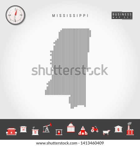 Vertical Lines Pattern Map of Mississippi. Striped Simple Silhouette of Mississippi. Realistic Compass. Business Infographic Icons.