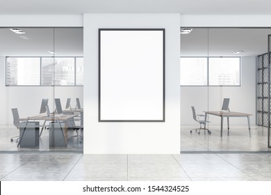 Vertical mock up poster frame hanging in business center hall with white and glass walls, open space office with gray and wooden tables and CEO office. 3d rendering
