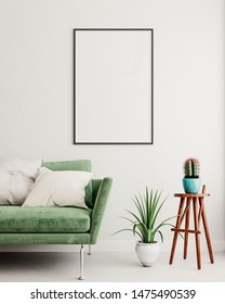 Vertical Mock Up Poster Frame In Olive Green Modern Interior Background, Living Room, Scandinavian Style, 3D Render, 3D Illustration