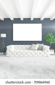 Vertical Modern Interior Bedroom Or Living Room With Eclectic Wall And Empty Frame For Copyspace Drawing. 3D Rendering